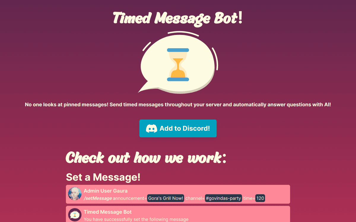 picture of timed message bot landing page